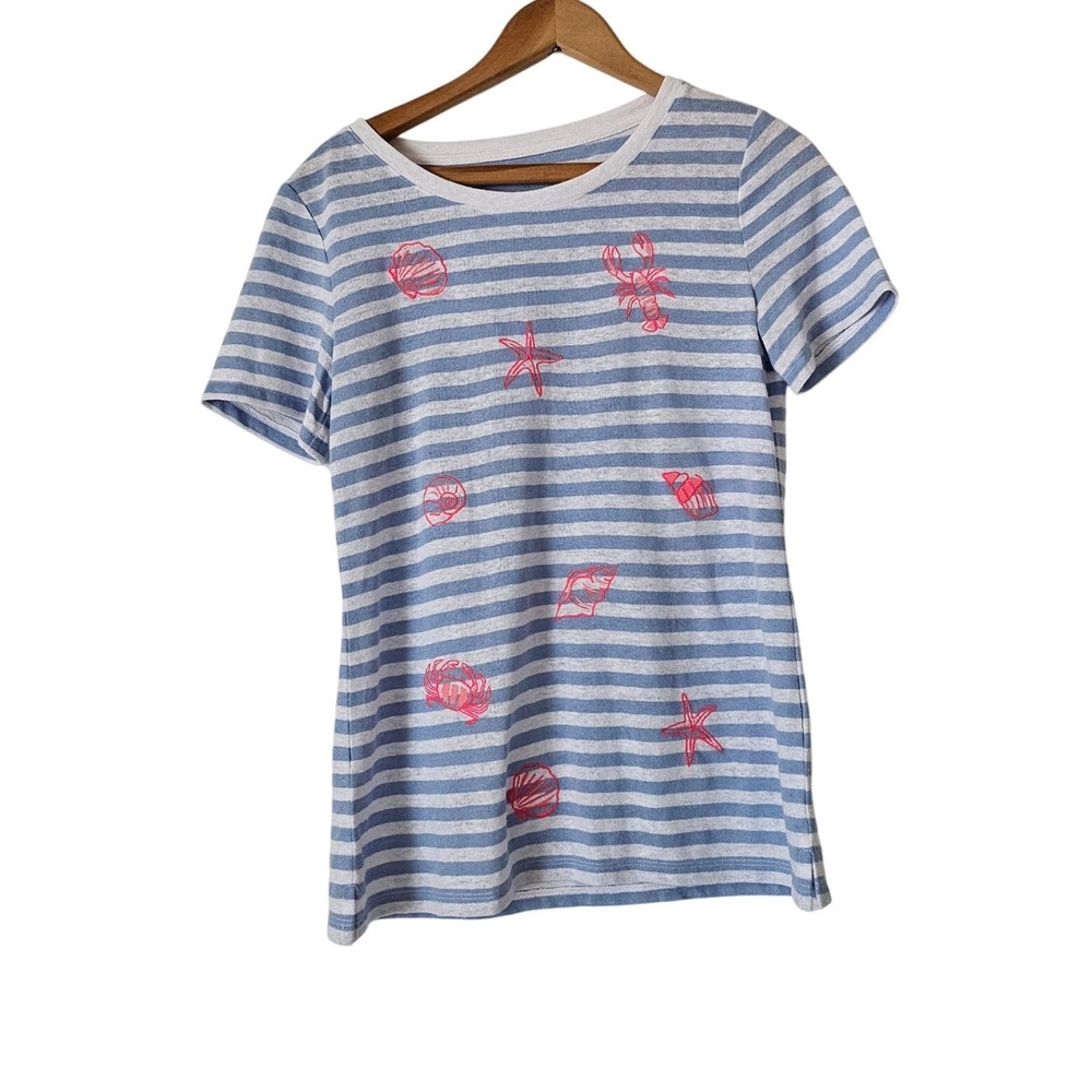Talbots Stars & Shells‎ Linen Blend Embroidered Crewneck Tee Shirt XS Nautical